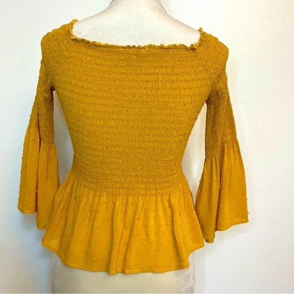 Boho Cottagecore Smocked Peplum Top Mustard Yellow Bell Sleeves Size Small - Picture 4 of 6